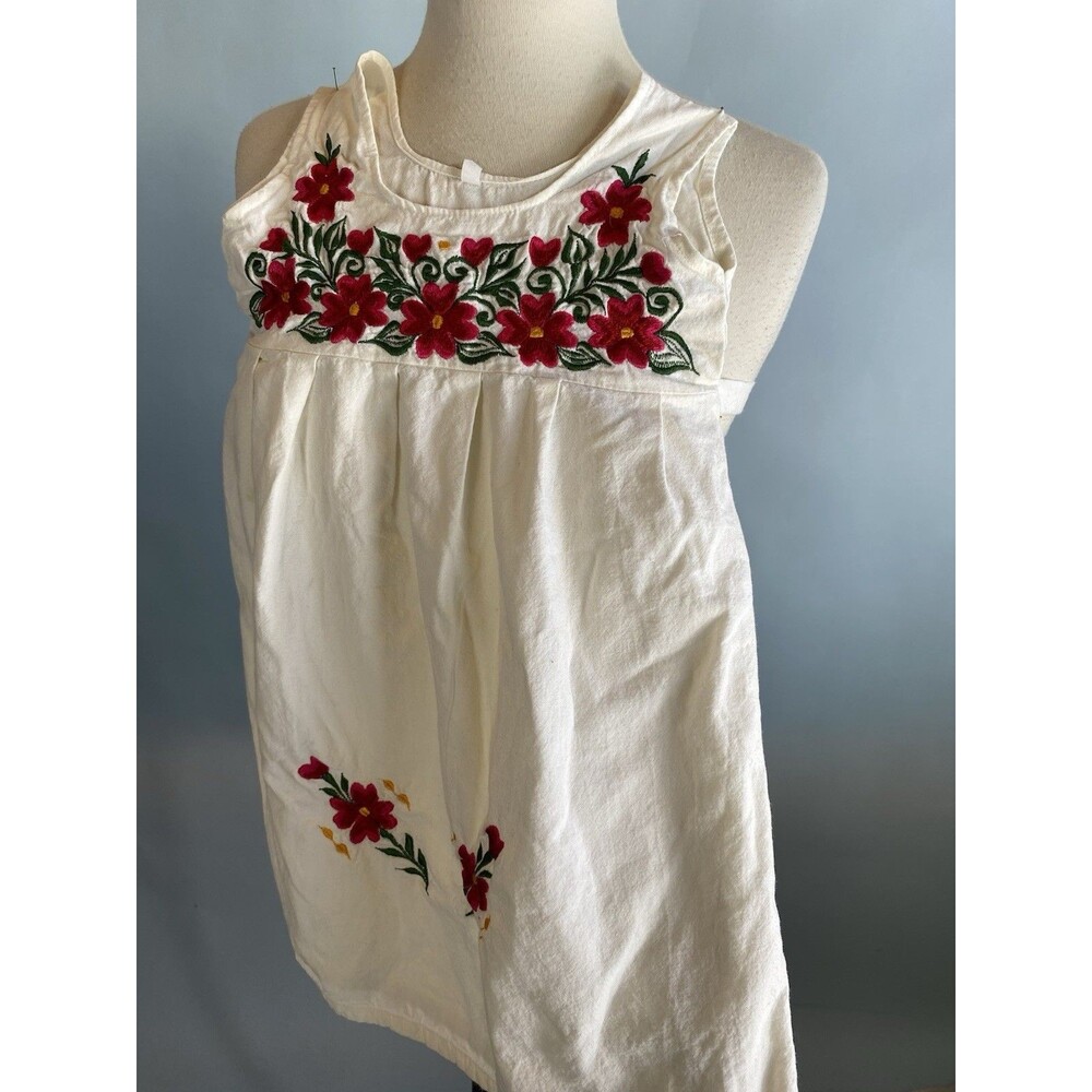 Handmade VTG Girls White Cotton Boho Floral Embroidered Souvenir Dress 5